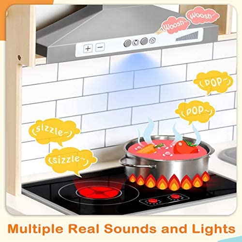 51qMU+EECdL. AC  - Play-Kitchen-for-Kids with 18 Pcs Toy Food & Cookware Accessories Playset Wooden Chef Pretend Play Set for Toddlers with Real Lights & Sounds