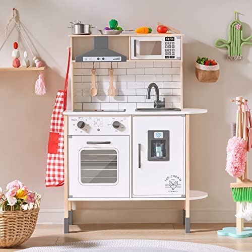 51qWm8Z+V5L. AC  - Play-Kitchen-for-Kids with 18 Pcs Toy Food & Cookware Accessories Playset Wooden Chef Pretend Play Set for Toddlers with Real Lights & Sounds