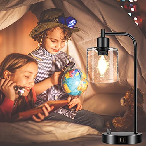 51qZV yc6XL. AC  - Set of 2 Industrial Table Lamps with 2 USB Port, Fully Stepless Dimmable Lamps for bedrooms, Bedside Nightstand Desk Lamps with Seeded Glass Shade for Reading Living Room Office 2 LED Bulb Included