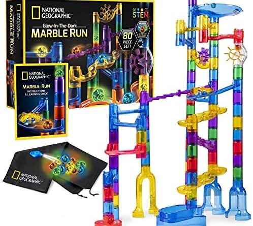 51whgbXlL. AC  498x445 - NATIONAL GEOGRAPHIC Glowing Marble Run – 80 Piece Construction Set with 15 Glow in the Dark Glass Marbles & Mesh Storage Bag, Educational STEM Toy, an AMAZON EXCLUSIVE Science Kit