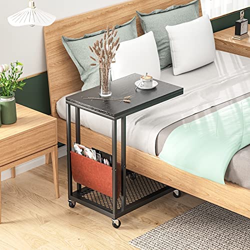 51xlIMnGv4L. AC  - AITTA Side Table with Storage Industrial C Shaped Sofa Couch End Table with Side Bag & Rolling Wheels for Living Room, Bedroom Small Spaces, Black