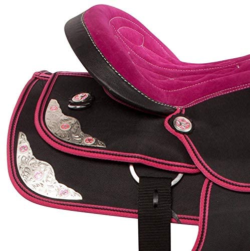 51yhOFXwuaL. AC  - HORSE SADDLERY IMPEX - Youth Child Synthetic Western Pony Miniature Horse Saddle Tack Get Matching Headstall, Breast Collar & Saddle Pad Size 10" to 12" inches Seat Available (10, Pink)