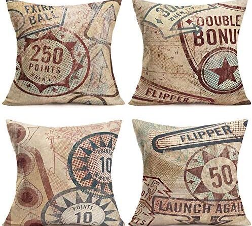 1654441503 618QP4gTqWL. AC  497x445 - ShareJ 4 Pack Muted Pinball Gam Throw Pillow Covers Retro Style Cotton Linen Cushion Cover Decorative Square Accent Pillow Cases, 18 X 18 Inches