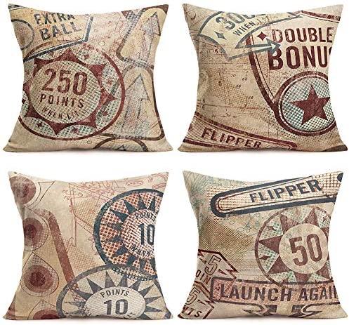 ShareJ 4 Pack Muted Pinball Gam Throw Pillow Covers Retro Style Cotton Linen Cushion Cover Decorative Square Accent Pillow Cases, 18 X 18 Inches