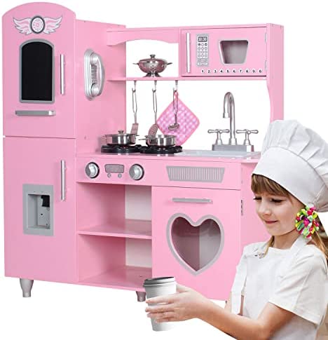 TaoHFE Large Wooden Play Kitchen with Lights & Sounds, Pink Pretend Toy Kitchen for Toddlers, Kids Kitchen 8 Accessories Set for Girls Boys, Gift for Age 3+, 33.38 x 11.61 x 34.96 Inch