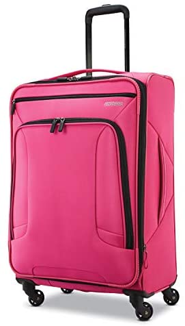 American Tourister 4 Kix Expandable Softside Luggage with Spinner Wheels, Pink, Checked-Medium 25-Inch