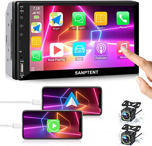 Double Din Car Stereo Radio Audio Receiver Compatible with Carplay, Android Auto, Mirror Link, 7 Inch Full Touchscreen Car Stereo, Front Backup Camera, Bluetooth, USB/TF/AUX Port, A/V Input, FM/AM