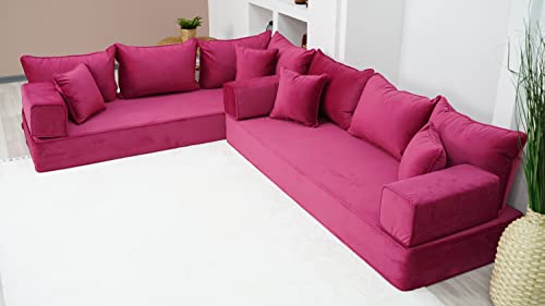 31DHp7KSyGL - 8" Thickness Pink L Shaped Floor Seating, Modern Livingroom Floor Couch, Velvet Sofa Cover, Sofa Bed, Corner Velvet Arabic Seating (L Sofa + Ottoman)