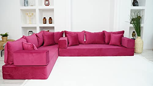 31z7Xw4SsyL - 8" Thickness Pink L Shaped Floor Seating, Modern Livingroom Floor Couch, Velvet Sofa Cover, Sofa Bed, Corner Velvet Arabic Seating (L Sofa + Ottoman)