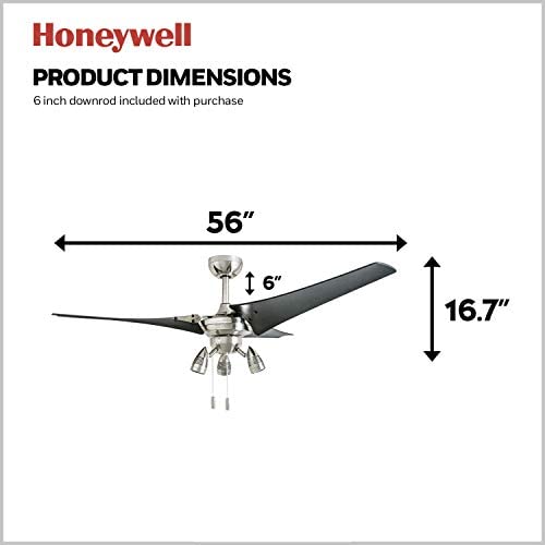 413XPQQvzcL. AC  - Honeywell 50611 Phelix High Power Ceiling Fan, LED 56" Industrial, 3 Black ABS Blades, Brushed Nickel