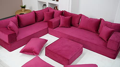 414Mm9c7OTL - 8" Thickness Pink L Shaped Floor Seating, Modern Livingroom Floor Couch, Velvet Sofa Cover, Sofa Bed, Corner Velvet Arabic Seating (L Sofa + Ottoman)