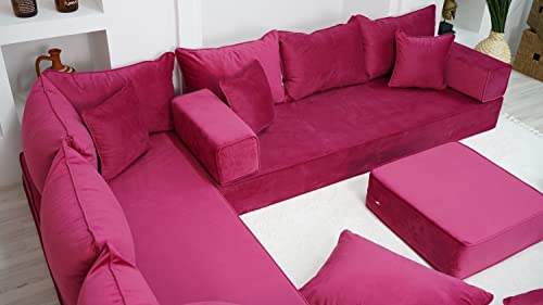 415fdnd5FuL - 8" Thickness Pink L Shaped Floor Seating, Modern Livingroom Floor Couch, Velvet Sofa Cover, Sofa Bed, Corner Velvet Arabic Seating (L Sofa + Ottoman)