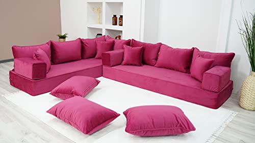 417SqzLEjbL - 8" Thickness Pink L Shaped Floor Seating, Modern Livingroom Floor Couch, Velvet Sofa Cover, Sofa Bed, Corner Velvet Arabic Seating (L Sofa + Ottoman)