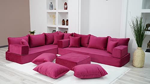 419aijximGL - 8" Thickness Pink L Shaped Floor Seating, Modern Livingroom Floor Couch, Velvet Sofa Cover, Sofa Bed, Corner Velvet Arabic Seating (L Sofa + Ottoman)
