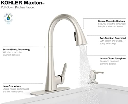 41EuVMi8baL. AC  - Kohler Maxton Vibrant Stainless Pull-Down Handle Kitchen Faucet w/ Soap Dispenser