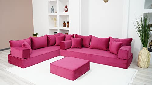 41YIKjY9qcL - 8" Thickness Pink L Shaped Floor Seating, Modern Livingroom Floor Couch, Velvet Sofa Cover, Sofa Bed, Corner Velvet Arabic Seating (L Sofa + Ottoman)