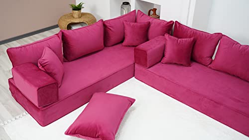 41bwVZTQUaL - 8" Thickness Pink L Shaped Floor Seating, Modern Livingroom Floor Couch, Velvet Sofa Cover, Sofa Bed, Corner Velvet Arabic Seating (L Sofa + Ottoman)