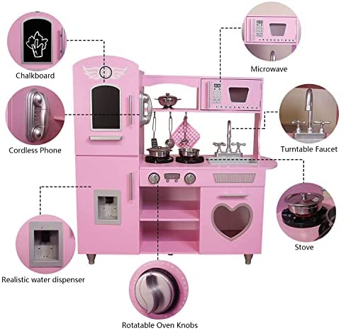 41fyf9ywT9L. AC  - TaoHFE Large Wooden Play Kitchen with Lights & Sounds, Pink Pretend Toy Kitchen for Toddlers, Kids Kitchen 8 Accessories Set for Girls Boys, Gift for Age 3+, 33.38 x 11.61 x 34.96 Inch