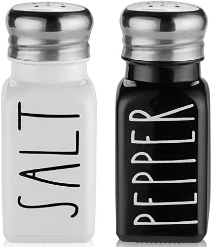41hVNn39GrL. AC  - Farmhouse Salt and Pepper Shakers Set by Brighter Barns - Cute Modern Farmhouse Kitchen Decor for Home Restaurants Wedding - Gorgeous Vintage Glass Black White Shaker Sets with Stainless Steel Lids
