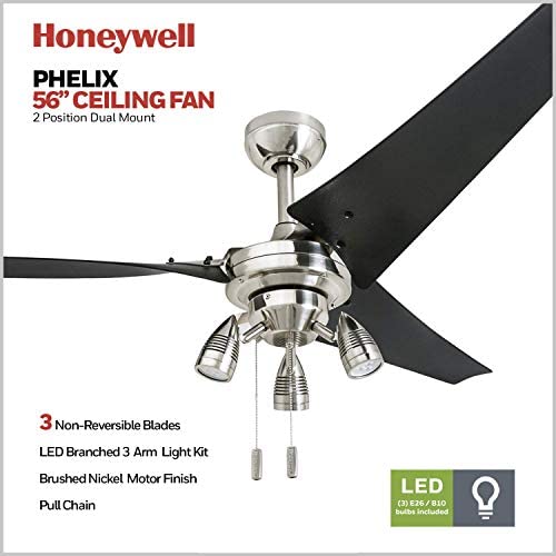 41q892Dn eL. AC  - Honeywell 50611 Phelix High Power Ceiling Fan, LED 56" Industrial, 3 Black ABS Blades, Brushed Nickel
