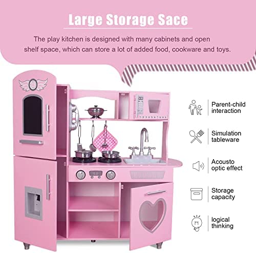 51PIITH8HmL. AC  - TaoHFE Large Wooden Play Kitchen with Lights & Sounds, Pink Pretend Toy Kitchen for Toddlers, Kids Kitchen 8 Accessories Set for Girls Boys, Gift for Age 3+, 33.38 x 11.61 x 34.96 Inch