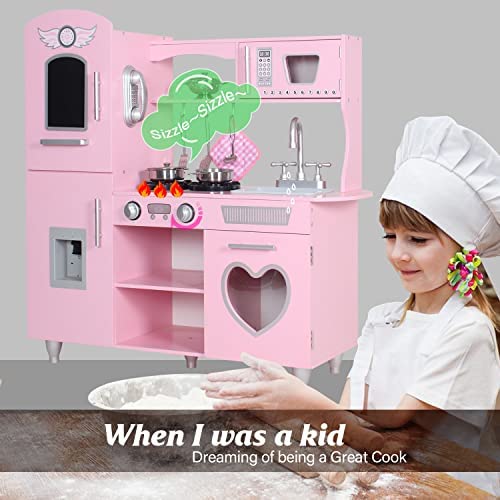 51TEdfY3I L. AC  - TaoHFE Large Wooden Play Kitchen with Lights & Sounds, Pink Pretend Toy Kitchen for Toddlers, Kids Kitchen 8 Accessories Set for Girls Boys, Gift for Age 3+, 33.38 x 11.61 x 34.96 Inch