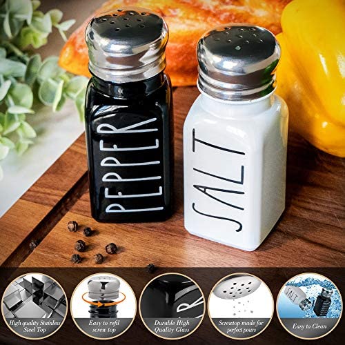 51TnNMBfsQL. AC  - Farmhouse Salt and Pepper Shakers Set by Brighter Barns - Cute Modern Farmhouse Kitchen Decor for Home Restaurants Wedding - Gorgeous Vintage Glass Black White Shaker Sets with Stainless Steel Lids