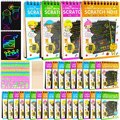 20 Pack Scratch Art Notebooks,Rainbow Scratch Paper Notes,Scratch Note Pads for Children’s Day Gift,Kids Arts and Crafts Perfect Travel Activity,25 Wooden Stylus & 4 Drawing Stencils