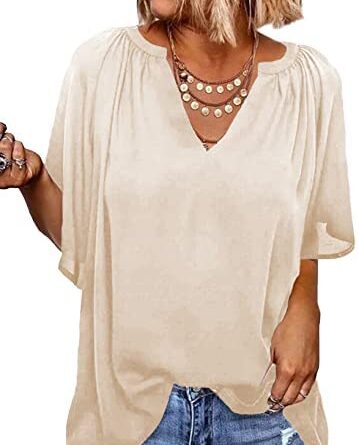1658770177 41r2aFLdhxL. AC  358x445 - Dokotoo Womens Chiffon Blouses Casual Solid Bell Sleeve Shirt Loose V Neck Pleated Tunic Tops