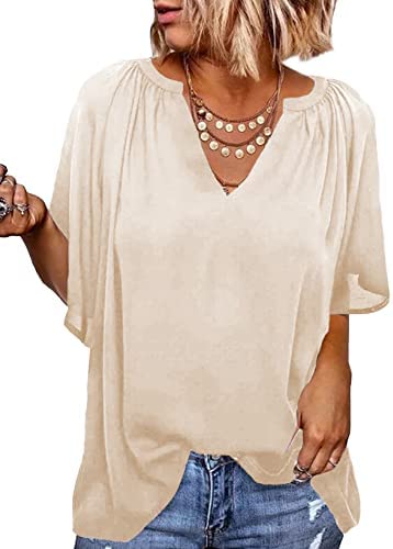 Dokotoo Womens Chiffon Blouses Casual Solid Bell Sleeve Shirt Loose V Neck Pleated Tunic Tops