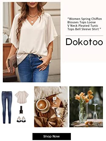 410k+wnvc3L. AC  - Dokotoo Womens Chiffon Blouses Casual Solid Bell Sleeve Shirt Loose V Neck Pleated Tunic Tops