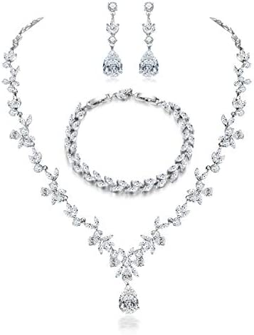 Hadskiss Jewelry Set for Women, Necklace Dangle Earrings Bracelet Set, White Gold Plated Jewelry Set with White AAA Cubic Zirconia, Allergy Free Wedding Party Jewelry for Bridal Bridesmaid