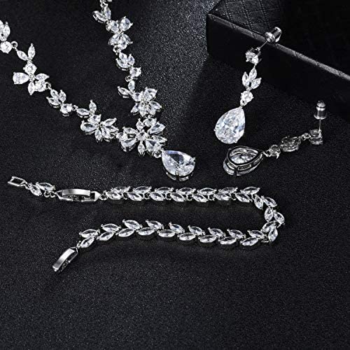 51FKCPy oiL. AC  - Hadskiss Jewelry Set for Women, Necklace Dangle Earrings Bracelet Set, White Gold Plated Jewelry Set with White AAA Cubic Zirconia, Allergy Free Wedding Party Jewelry for Bridal Bridesmaid