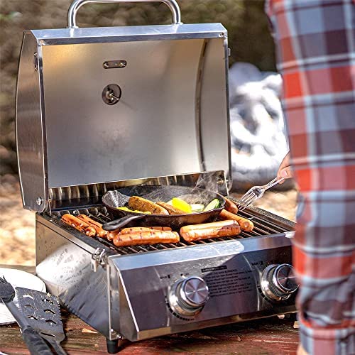51dOdVPuFPL. AC  - Monument Grills Tabletop Propane Gas Grill for Outdoor Portable Camping Cooking with Travel Locks, Stainless Steel High Lid, and Built in Thermometer