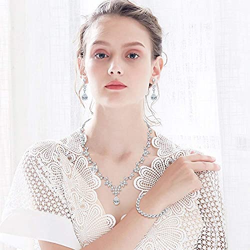 51s4thuLiHS. AC  - Hadskiss Jewelry Set for Women, Necklace Dangle Earrings Bracelet Set, White Gold Plated Jewelry Set with White AAA Cubic Zirconia, Allergy Free Wedding Party Jewelry for Bridal Bridesmaid