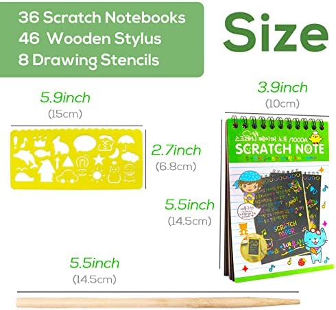 51tIEnyhH8L. AC  - 20 Pack Scratch Art Notebooks,Rainbow Scratch Paper Notes,Scratch Note Pads for Children's Day Gift,Kids Arts and Crafts Perfect Travel Activity,25 Wooden Stylus & 4 Drawing Stencils