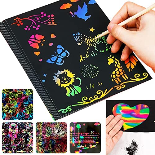 61InqLMKYCL. AC  - 20 Pack Scratch Art Notebooks,Rainbow Scratch Paper Notes,Scratch Note Pads for Children's Day Gift,Kids Arts and Crafts Perfect Travel Activity,25 Wooden Stylus & 4 Drawing Stencils