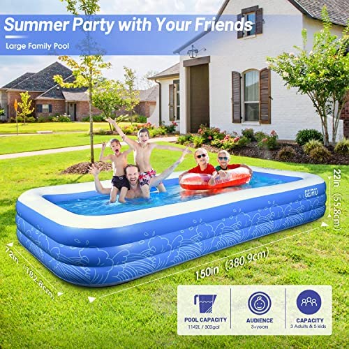 61pB7ex6ZKL. AC  - GEJRIO Inflatable Pool, 150'' x 72'' x 22" Family Full-Sized Inflatable Swimming Pool, Blow Up Pool for Kids, Adults, Toddlers, Oversize Lounge Kiddie Pools for Outdoor, Garden, Backyard
