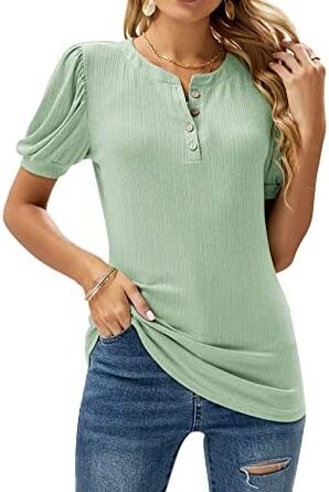 1661455711 41QLMwRkWZL. AC  298x445 - Romanstii Women's Puff Short Sleeve Tops Casual Crewneck Tee Shirts Classic Ribbed Blouses