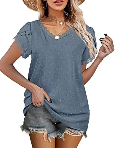 Dofaoo Womens Tops V Neck Summer Lace Petal Sleeve Swiss Dot Shirts