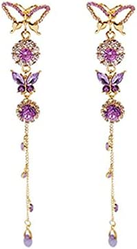 31DTMUoyv6L. AC  - fxmimior Long Tassels Butterfly Earrings Dainty Silver Drop Earrings Statement Charm Earring Purple Rhinestones Crystals Body Jewelry for Women and Girls
