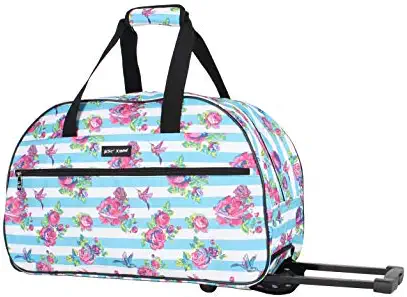 41+zhPptYML. AC  - Betsey Johnson Designer Carry On Luggage Collection - Lightweight Pattern 22 Inch Duffel Bag- Weekender Overnight Business Travel Suitcase with 2- Rolling Spinner Wheels (Stripe Floral)