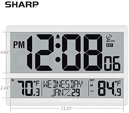 41zrMoHyRvL. AC  - Sharp Atomic Clock - Never Needs Setting! –Easy to Read Numbers - Indoor/ Outdoor Temperature, Wireless Outdoor Sensor - Battery Powered - Easy Set-Up!! (4" Numbers)