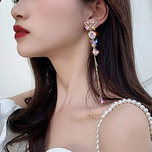 51YvlIFaGGL. AC  - fxmimior Long Tassels Butterfly Earrings Dainty Silver Drop Earrings Statement Charm Earring Purple Rhinestones Crystals Body Jewelry for Women and Girls