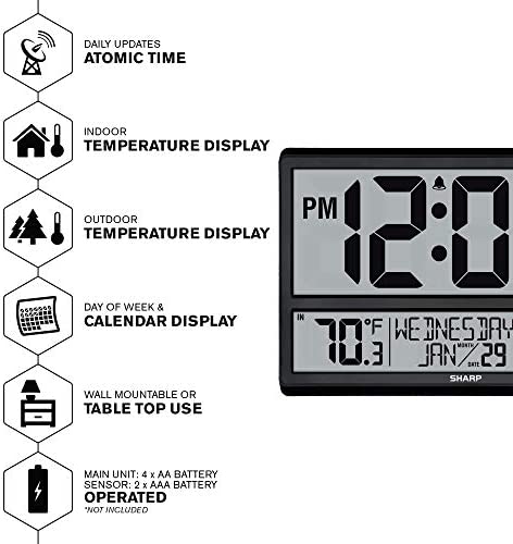 51hVHGoOViL. AC  - Sharp Atomic Clock - Never Needs Setting! –Easy to Read Numbers - Indoor/ Outdoor Temperature, Wireless Outdoor Sensor - Battery Powered - Easy Set-Up!! (4" Numbers)