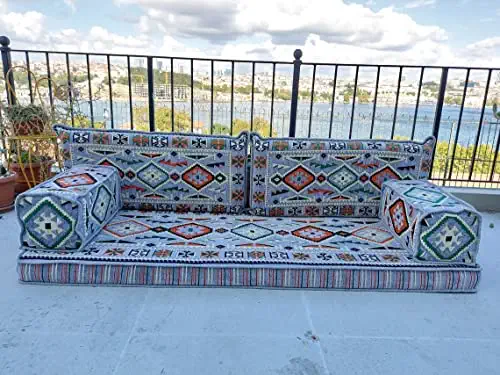 51nv JZVL1L - Floor Cushions, Gray Floor Sofa Seating Set, Traditional Arabic Sofa, Ottoman Couch, French Matress, Arabic Majlis, Sectional Sofa, Pouffs (Sofa + Rug + Ottoman)