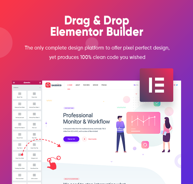 drag & drop Elementor builder - Sassico - Saas Startup Multipurpose WordPress Theme