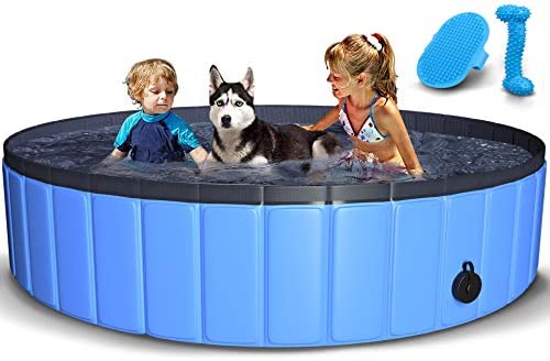 1665872874 41rtmAXHhLL. AC  - TNELTUEB Pet Swimming Pool for Large Dogs, 63"x12" Collapsible Dog Pool with Pet Brush Dog Chew Toy, Foldable Kiddie Pool Plastic Pet Bathing Tub, Outdoor Swimming Pool for Kids and Dogs Cats - Blue
