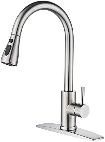 31ilDLL+4LL. AC  - FORIOUS Kitchen Faucet with Pull Down Sprayer Brushed Nickel, High Arc Single Handle Kitchen Sink Faucet with Deck Plate, Commercial Modern rv Stainless Steel Kitchen Faucets, Grifos De Cocina