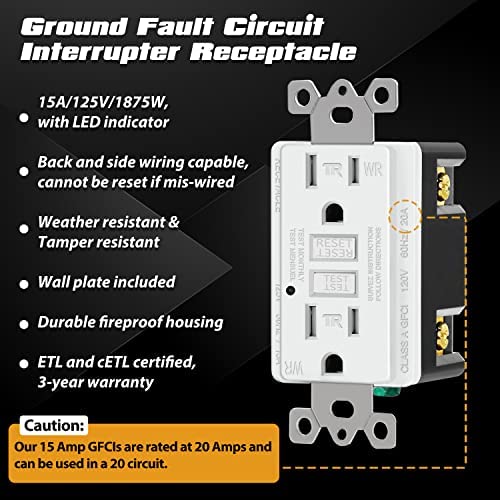 51UfAkw9aSL. AC  - 10 Pack - ELECTECK Weather Resistant GFCI Outlet, Outdoor Ground Fault Circuit Interrupter with LED Indicator, 15-Amp Tamper Resistant Receptacle, Decorator Wallplate Included, ETL Certified, White